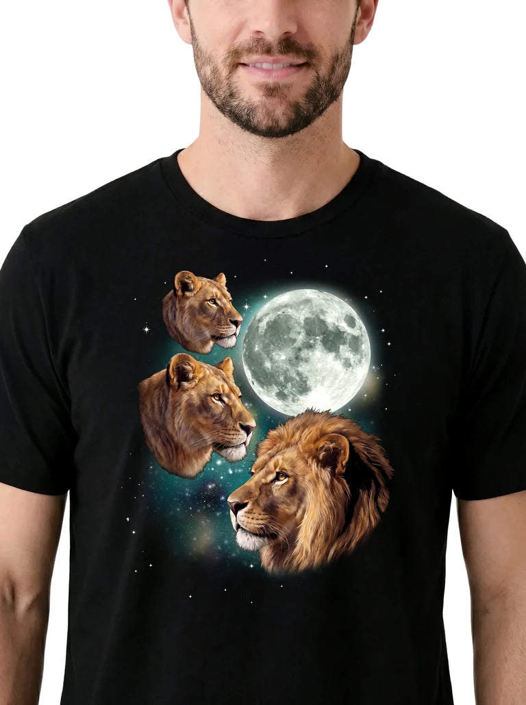 MagicMoon Three Lion Moon on model, design detail view, Funny Animal Shirt