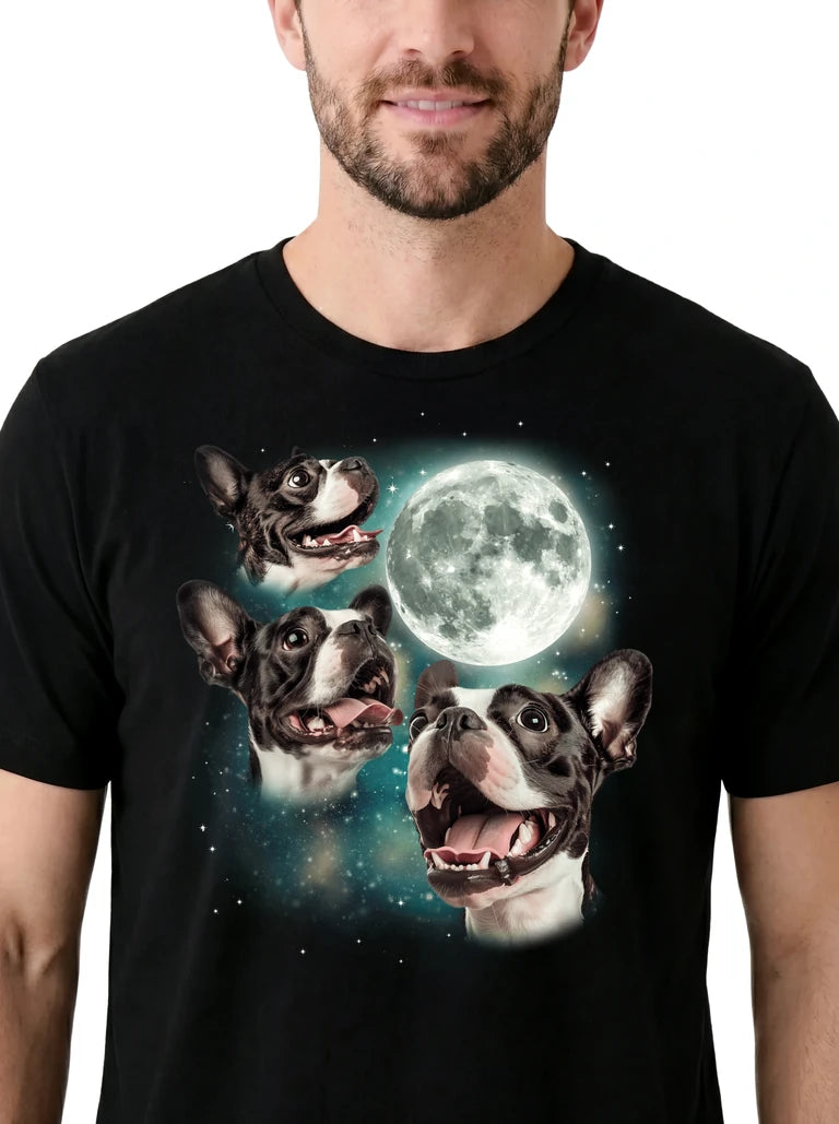 MagicMoon Three Boston Terrier Moon on model, design detail view, Funny Animal Shirt