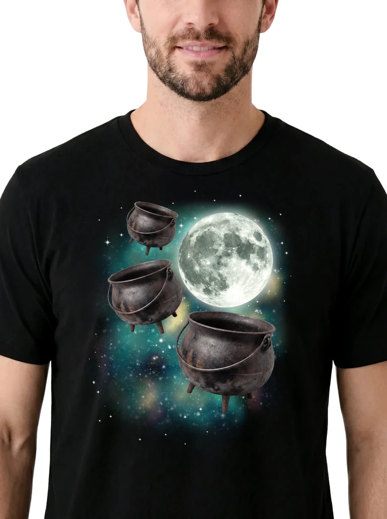 MagicMoon Three Cauldron Moon on model, design detail view, Halloween Costume Shirt