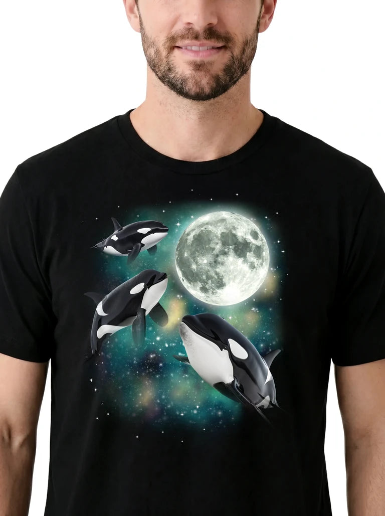 MagicMoon Three Orca Moon on model, design detail view, Funny Animal Shirt