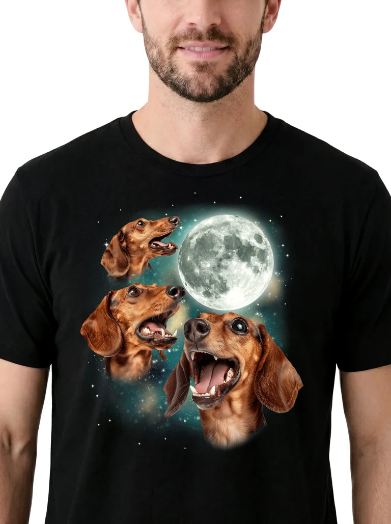 MagicMoon Three Dachshund Moon on model, design detail view, Funny Animal Shirt
