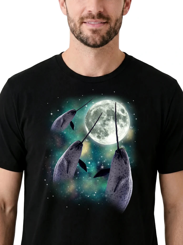 MagicMoon Three Narwhal Moon on model, design detail view, Funny Animal Shirt