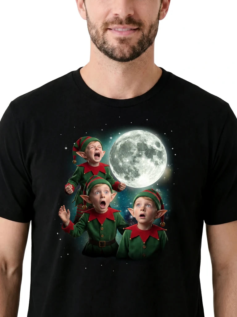 MagicMoon Three Christmas Elf Moon on model, design detail view, Christmas Gift Shirt