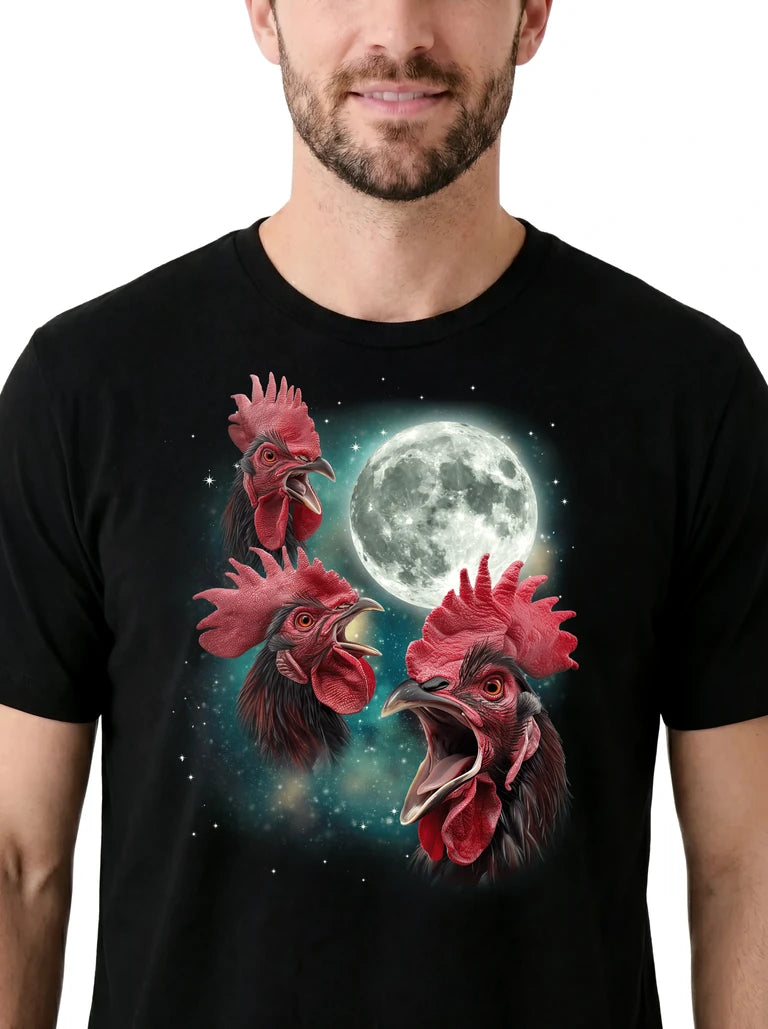MagicMoon Three Rooster Moon on model, design detail view, Funny Animal Shirt