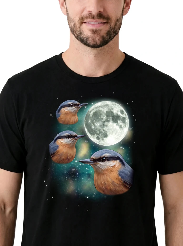 MagicMoon Three Nuthatch Moon on model, design detail view, Funny Animal Shirt