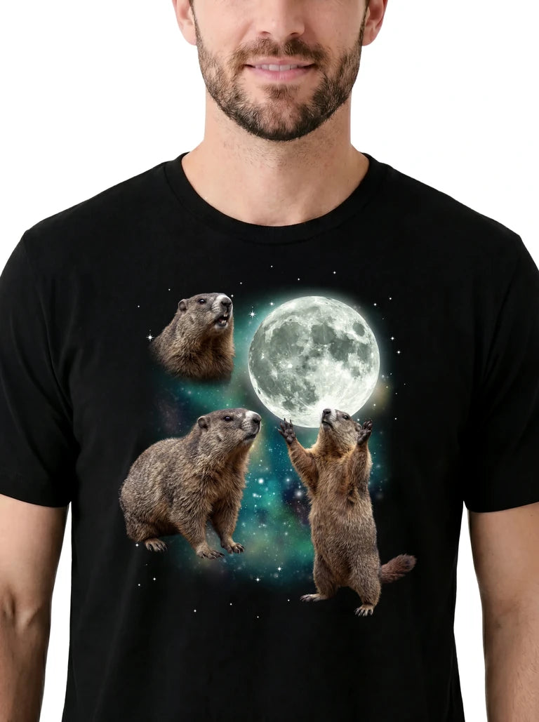 MagicMoon Three Groundhog Moon on model, design detail view, Funny Animal Shirt