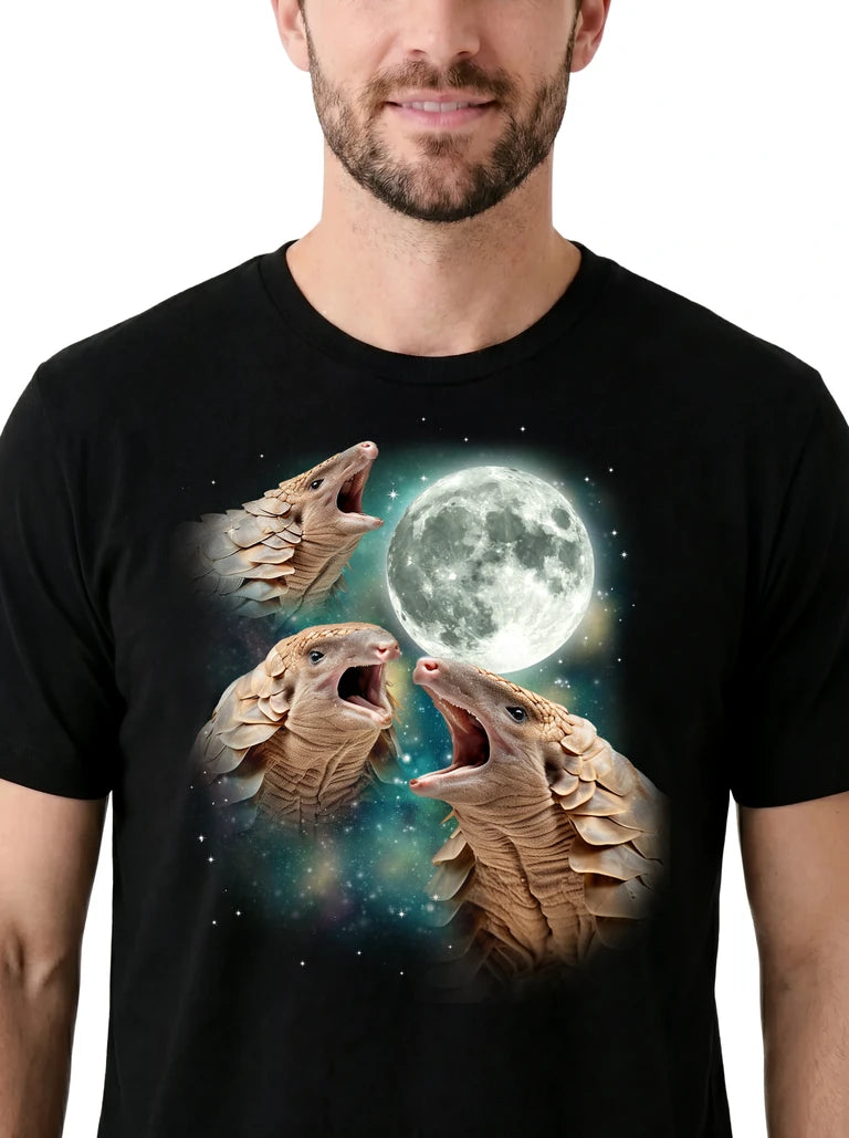 MagicMoon Three Pangolin Moon on model, design detail view, Funny Animal Shirt
