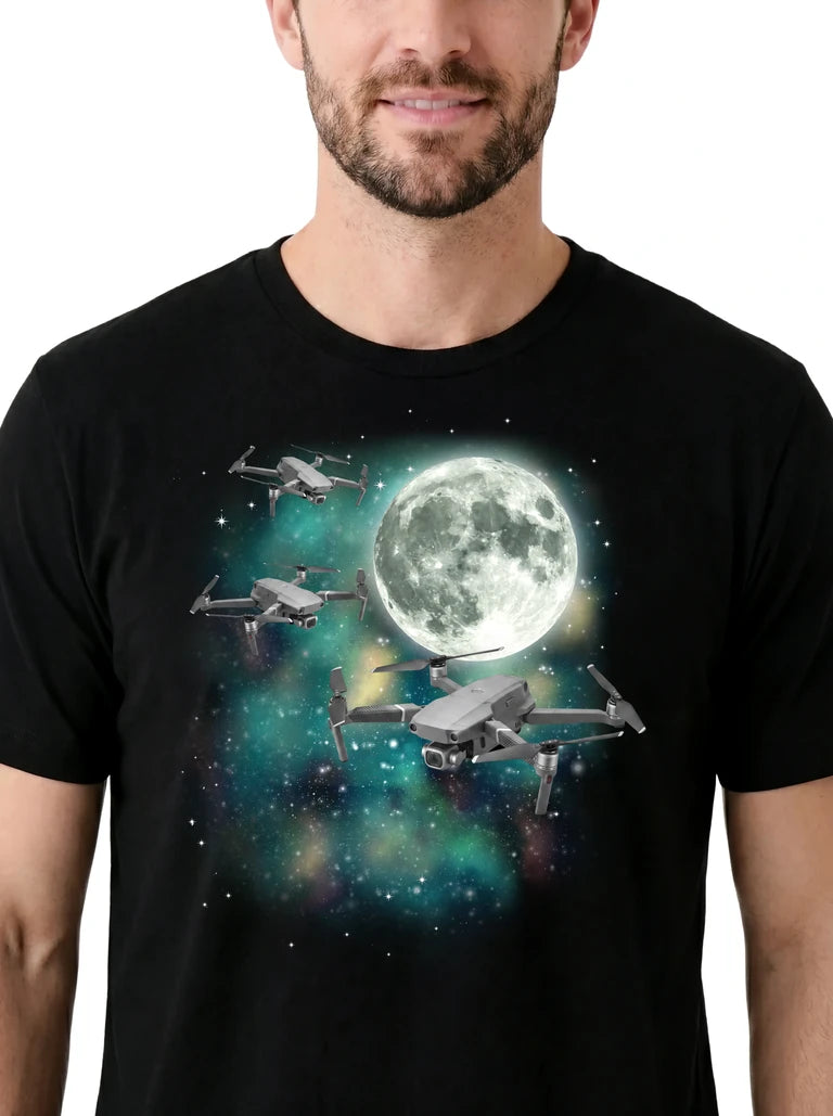 MagicMoon Three Drone Moon on model, design detail view, Funny Novelty Shirt