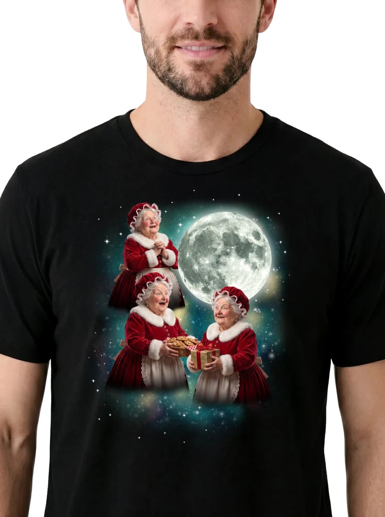 MagicMoon Three Mrs. Claus Moon on model, design detail view, Christmas Gift Shirt