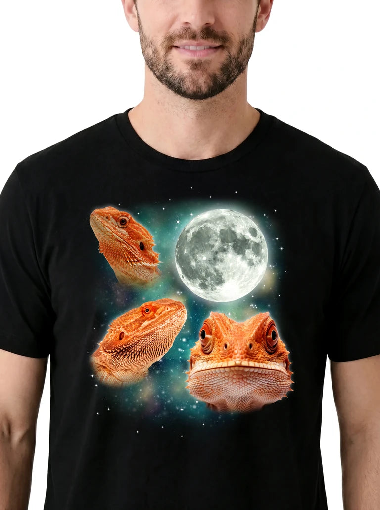 MagicMoon Three Bearded Dragon Moon on model, design detail view, Funny Animal Shirt