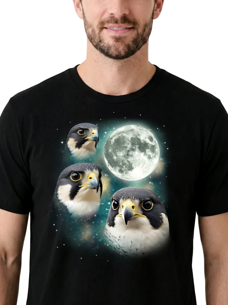 MagicMoon Three Falcon Moon on model, design detail view, Funny Animal Shirt