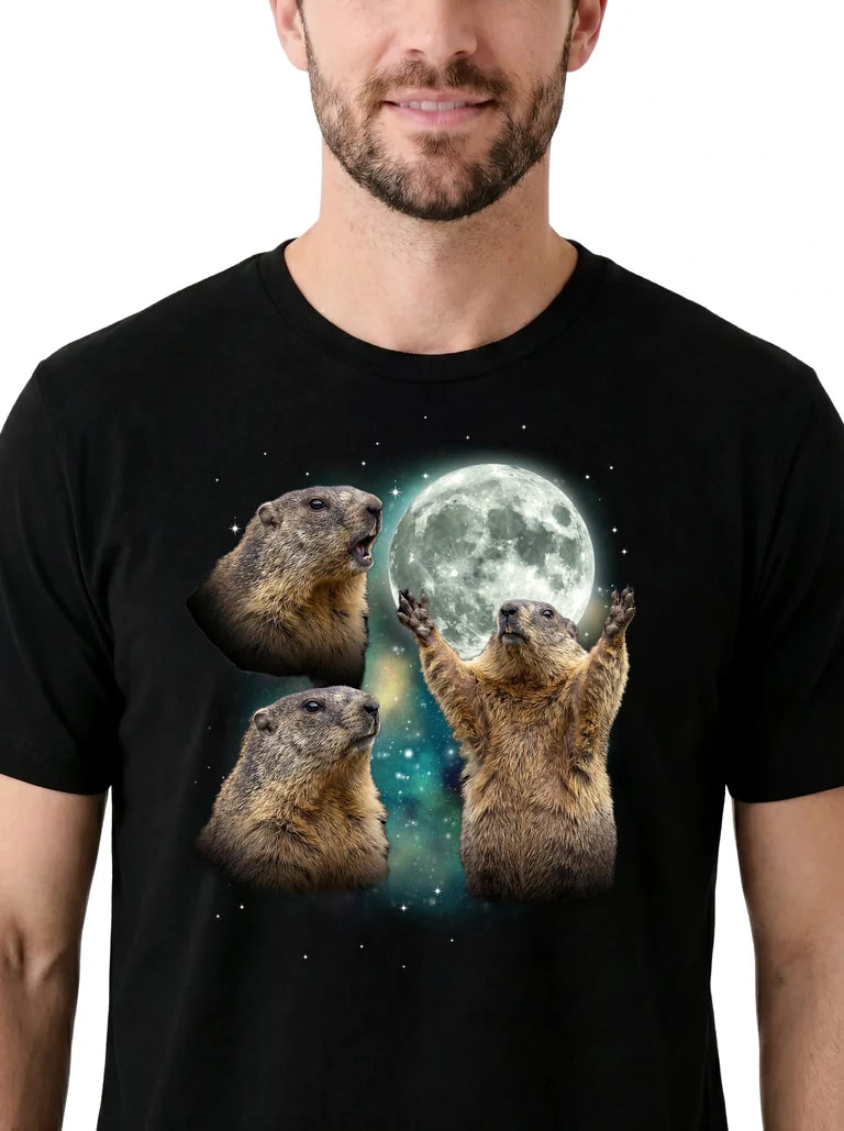 MagicMoon Three Marmot Moon on model, design detail view, Funny Animal Shirt