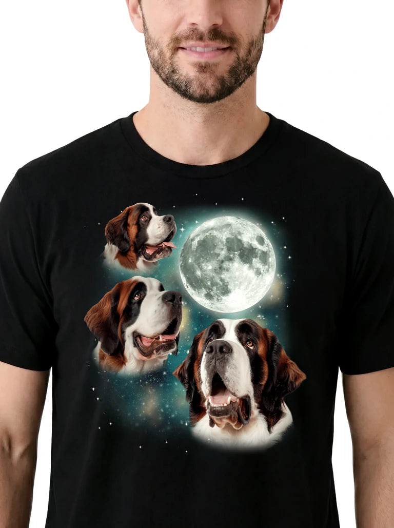 MagicMoon Three St. Bernard Moon on model, design detail view, Funny Animal Shirt