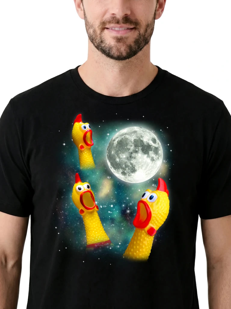 MagicMoon Three Rubber Chicken Moon on model, design detail view, Funny Novelty Shirt