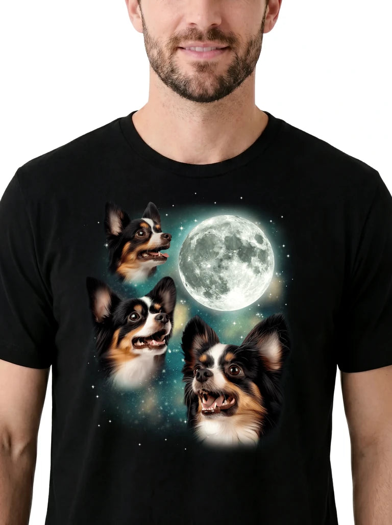 MagicMoon Three Papillon Moon on model, design detail view, Funny Animal Shirt
