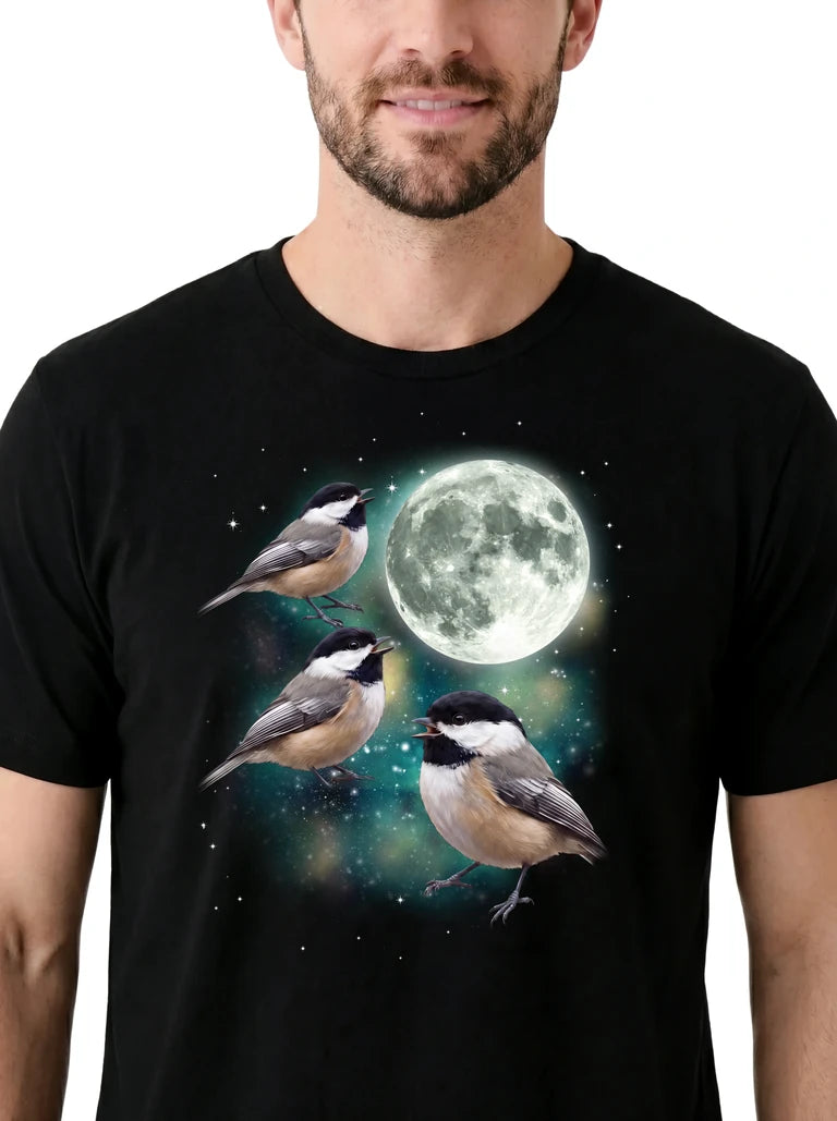 MagicMoon Three Chickadee Moon on model, design detail view, Funny Animal Shirt