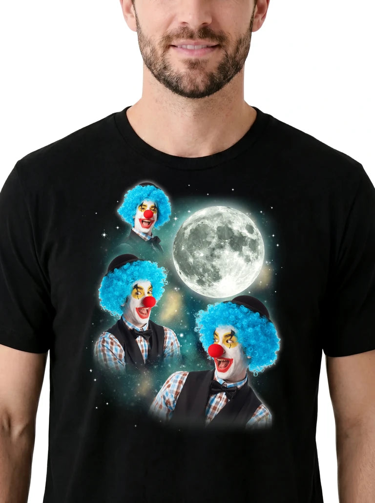 MagicMoon Three Clown Moon on model, design detail view, Halloween Costume Shirt