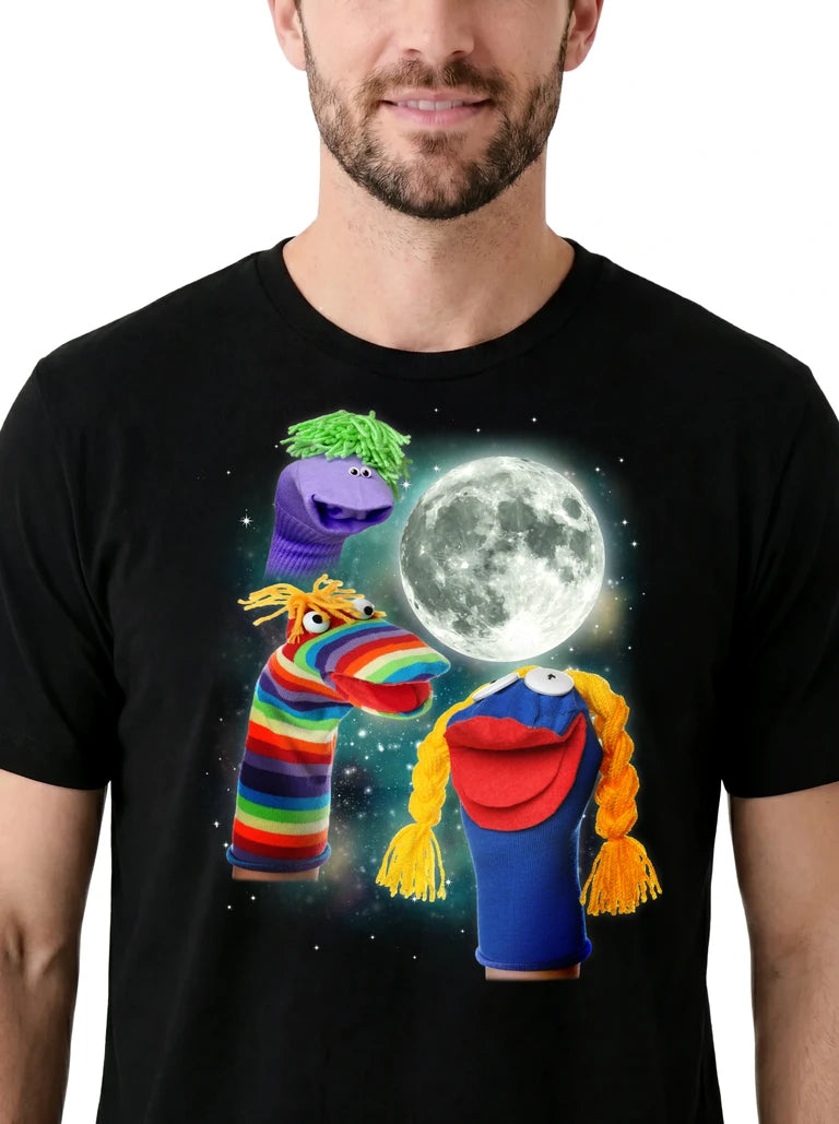 MagicMoon Three Sock Puppet Moon on model, design detail view, Funny Novelty Shirt