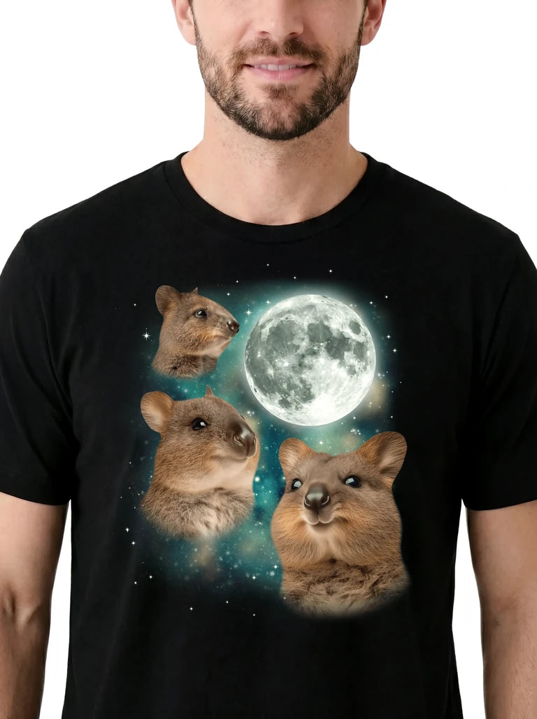 MagicMoon Three Quokka Moon on model, design detail view, Funny Animal Shirt