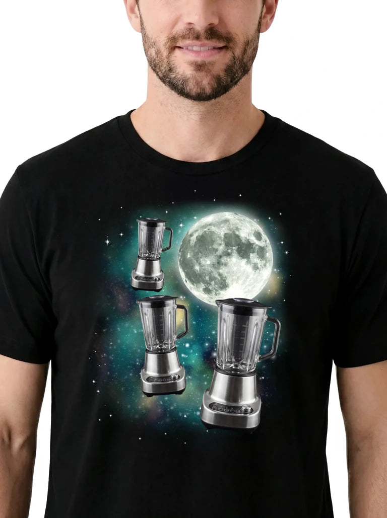MagicMoon Three Blender Moon on model, design detail view, Funny Novelty Shirt
