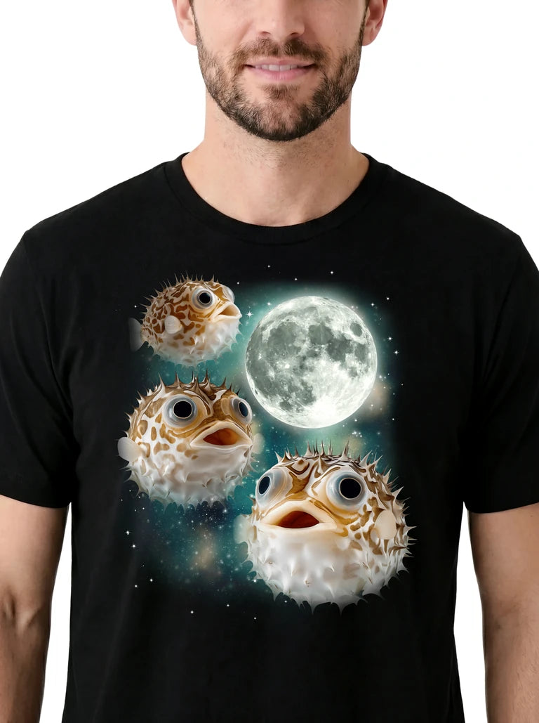 MagicMoon Three Pufferfish Moon on model, design detail view, Funny Animal Shirt