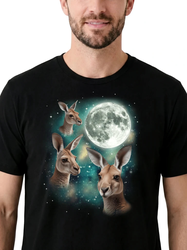MagicMoon Three Baby Kangaroo Moon on model, design detail view, Funny Animal Shirt