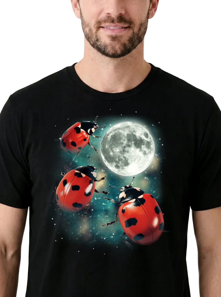 MagicMoon Three Ladybug Moon on model, design detail view, Funny Animal Shirt