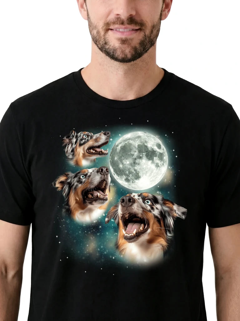 MagicMoon Three Australian Shepherd Blue Merle Moon on model, design detail view, Funny Animal Shirt