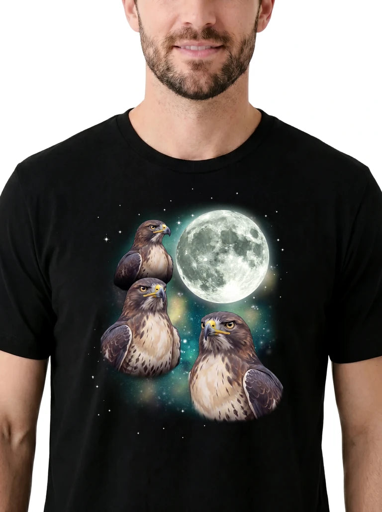 MagicMoon Three Hawk Moon on model, design detail view, Funny Animal Shirt