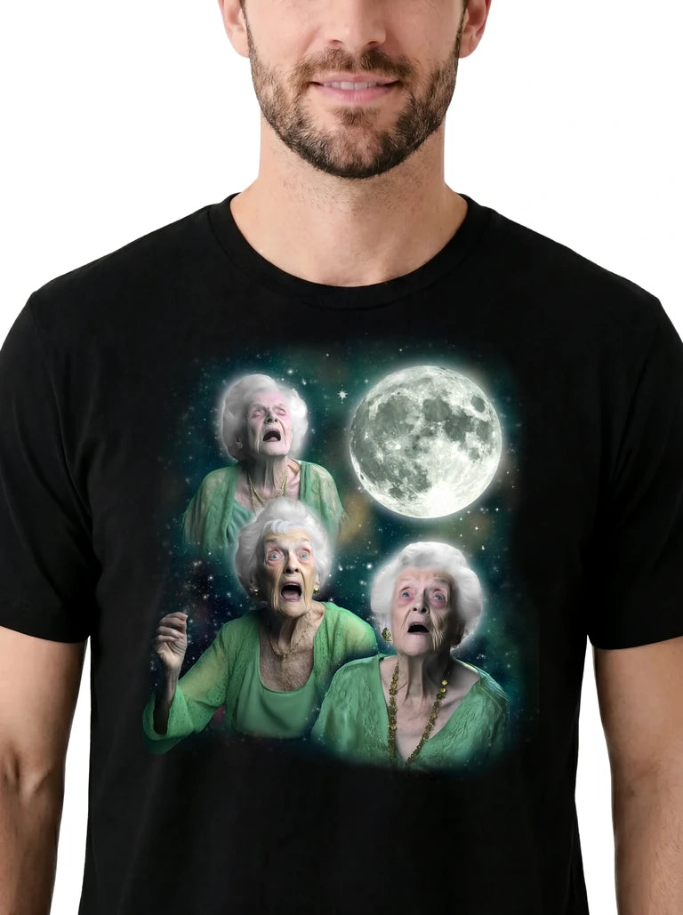 MagicMoon Three Granny Moon on model, design detail view, Funny Animal Shirt