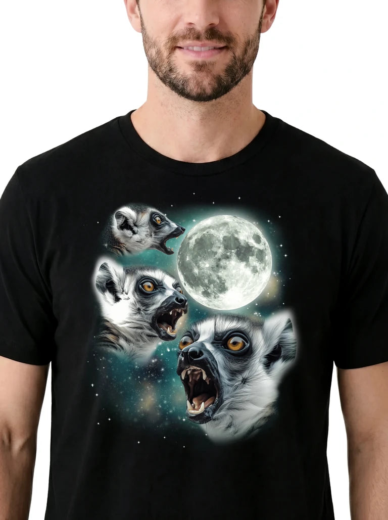 MagicMoon Three Lemur Moon on model, design detail view, Funny Animal Shirt