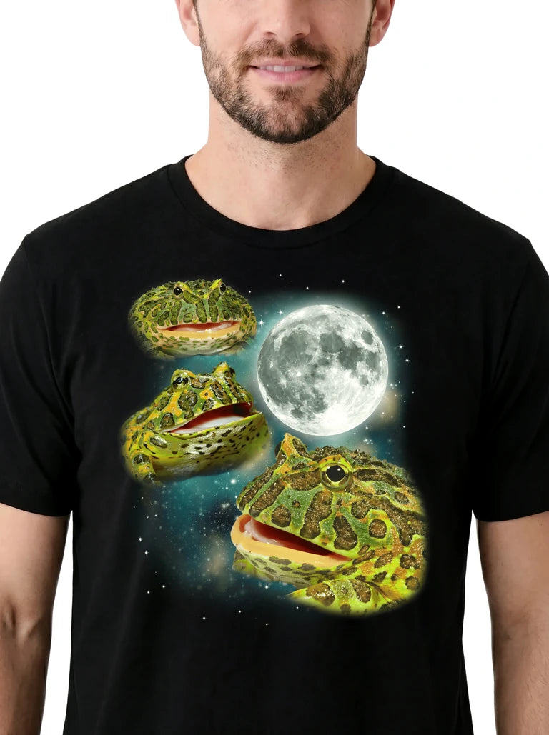 MagicMoon Three Pacman Frog Moon on model, design detail view, Funny Animal Shirt