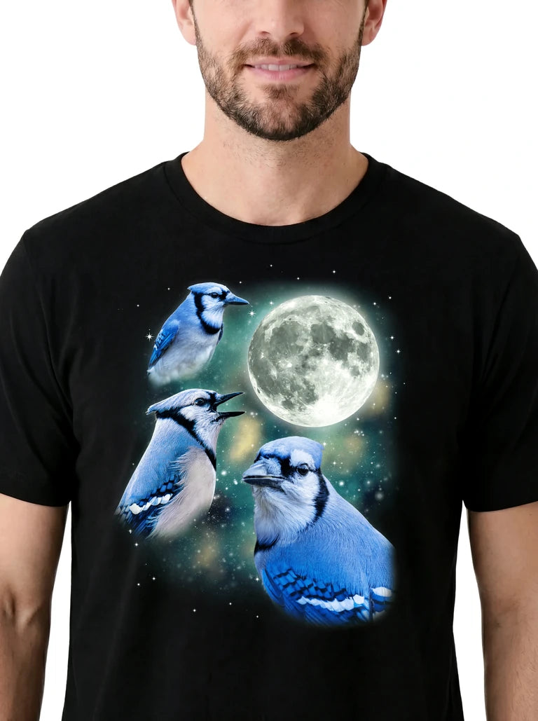 MagicMoon Three Blue Jay Moon on model, design detail view, Funny Animal Shirt