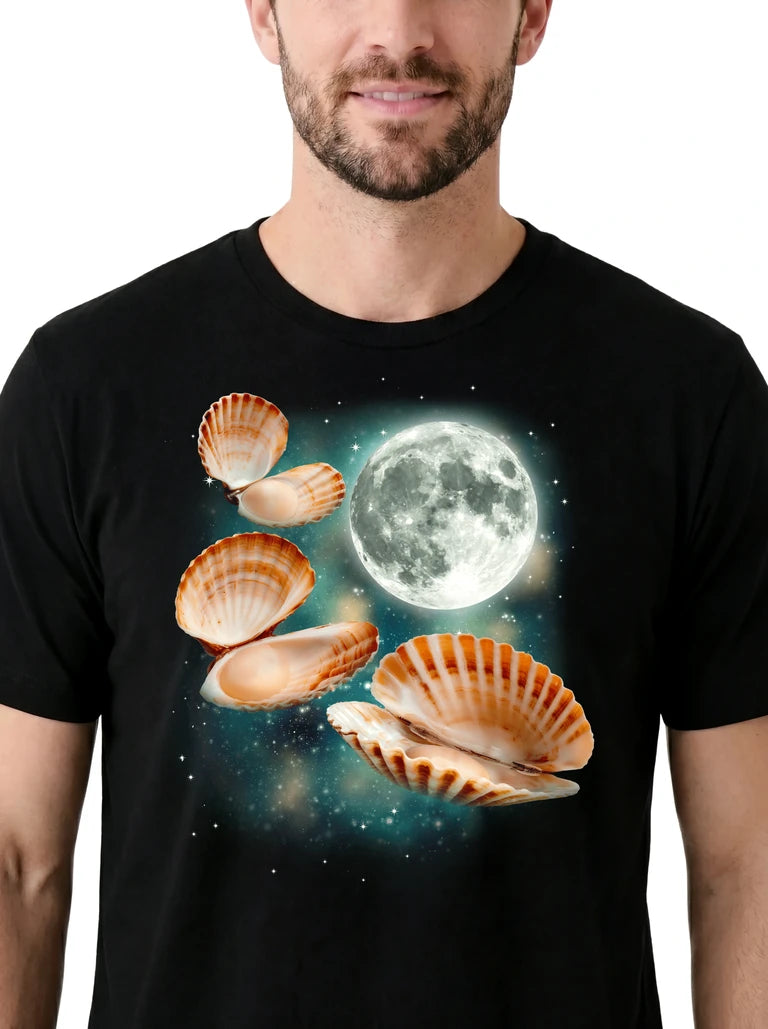 MagicMoon Three Scallop Moon on model, design detail view, Funny Animal Shirt