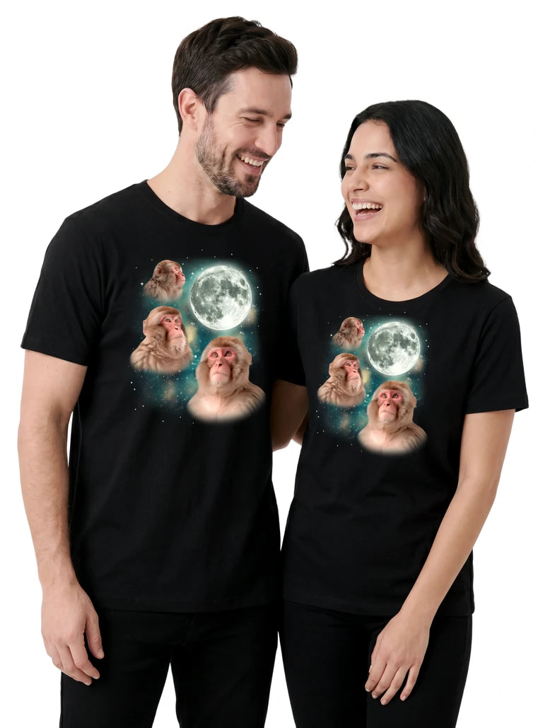 MagicMoon Three Macaque Moon on couple wearing matching Funny Animal Shirt