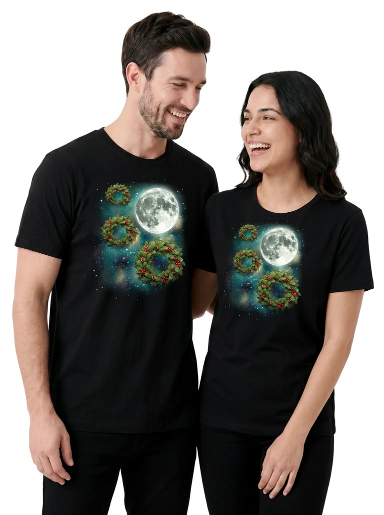 MagicMoon Three Christmas Wreath Moon on couple wearing matching Christmas Gift Shirt