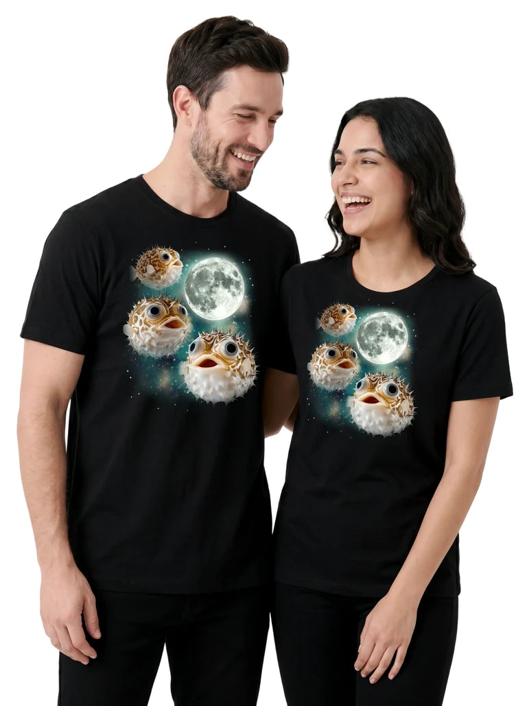 MagicMoon Three Pufferfish Moon on couple wearing matching Funny Animal Shirt