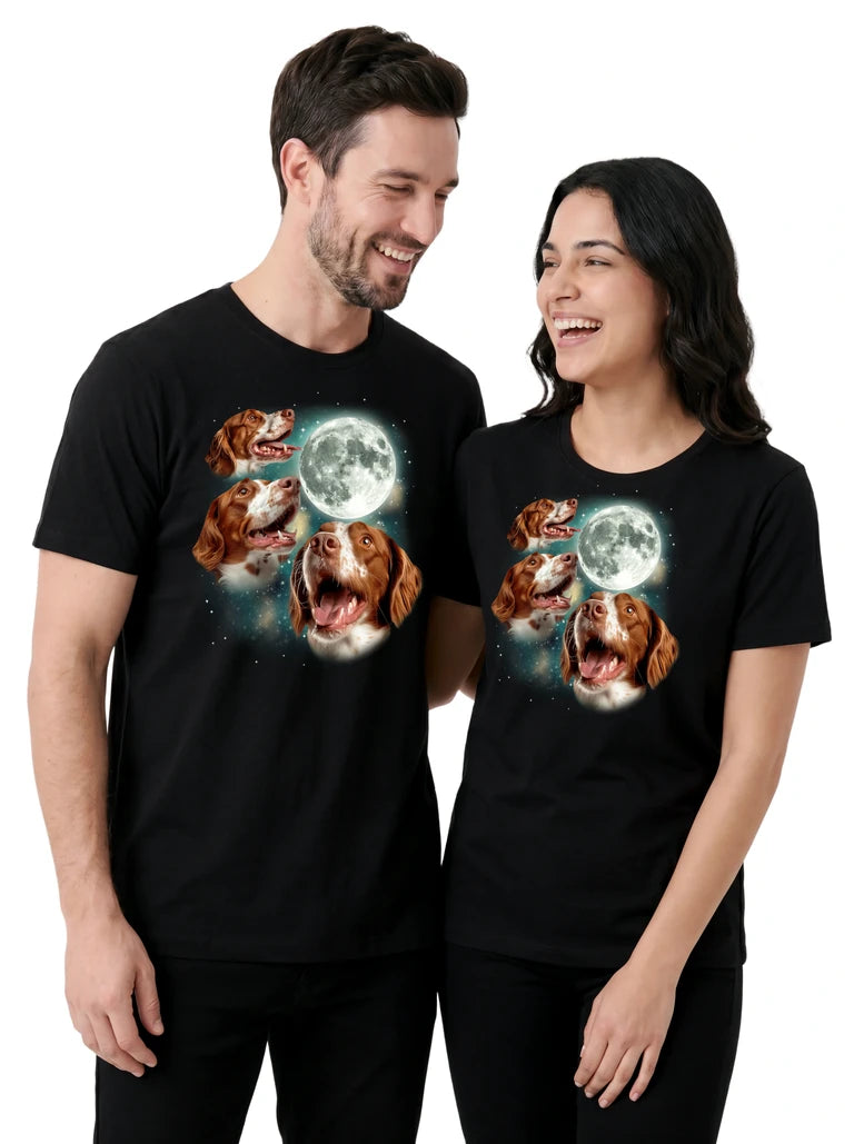 MagicMoon Three Brittany Spaniel Moon on couple wearing matching Funny Animal Shirt