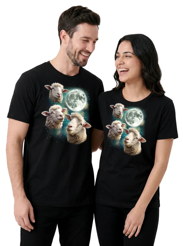 MagicMoon Three Sheep Moon on couple wearing matching Funny Animal Shirt
