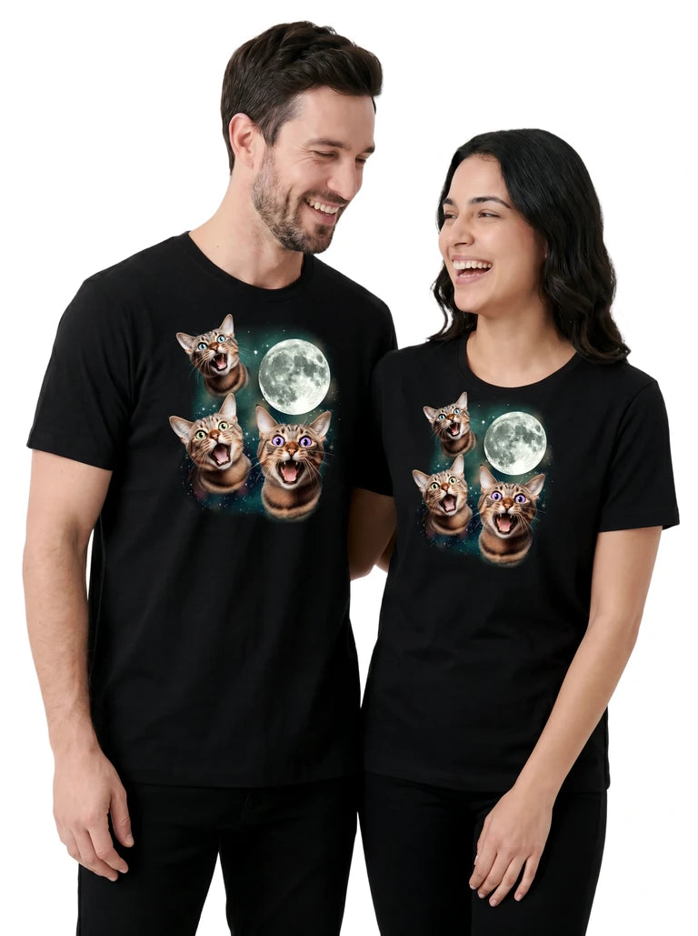 MagicMoon Three Tabby Cat Moon on couple wearing matching Funny Animal Shirt