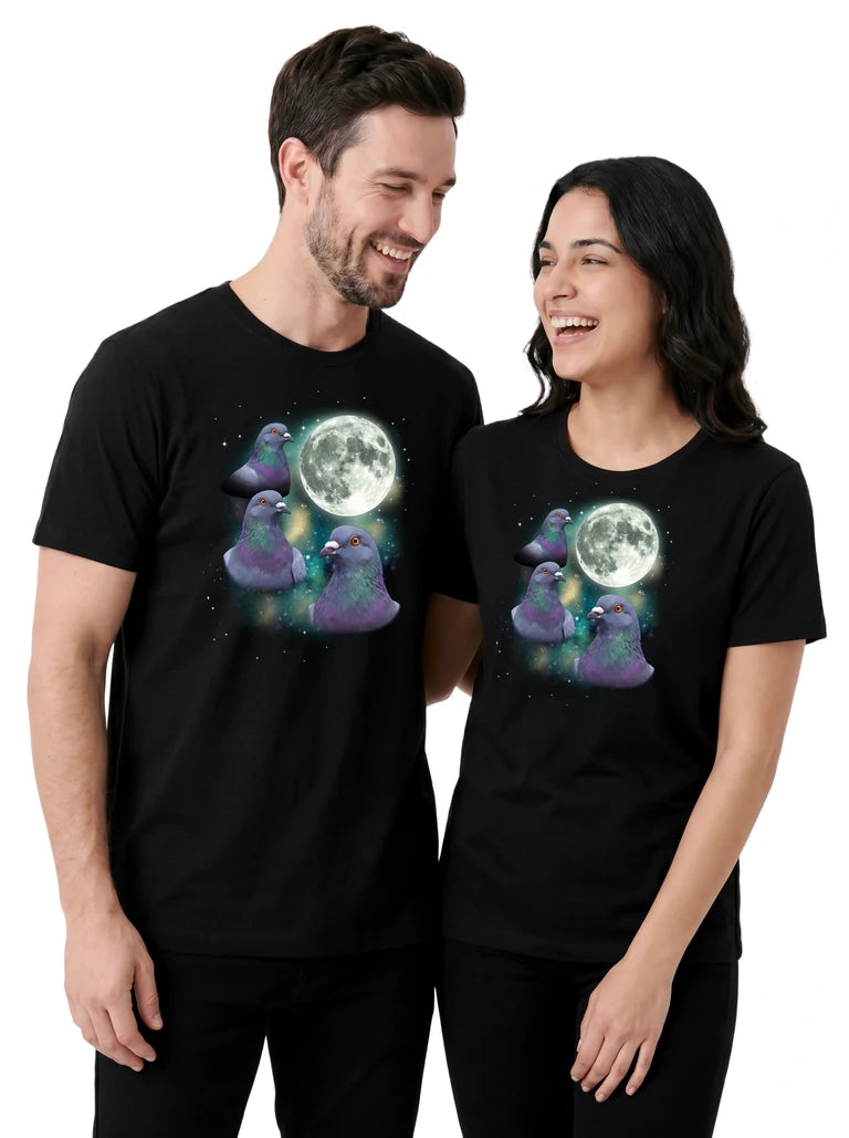 MagicMoon Three Pigeon Moon on couple wearing matching Funny Animal Shirt