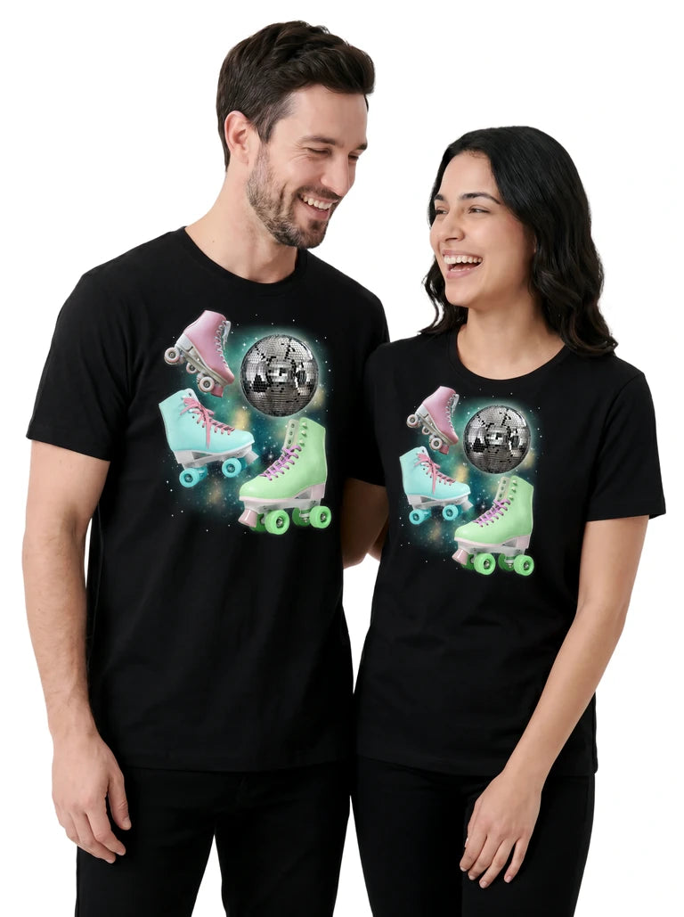 MagicMoon Three Roller Skate Moon on couple wearing matching Funny Novelty Shirt