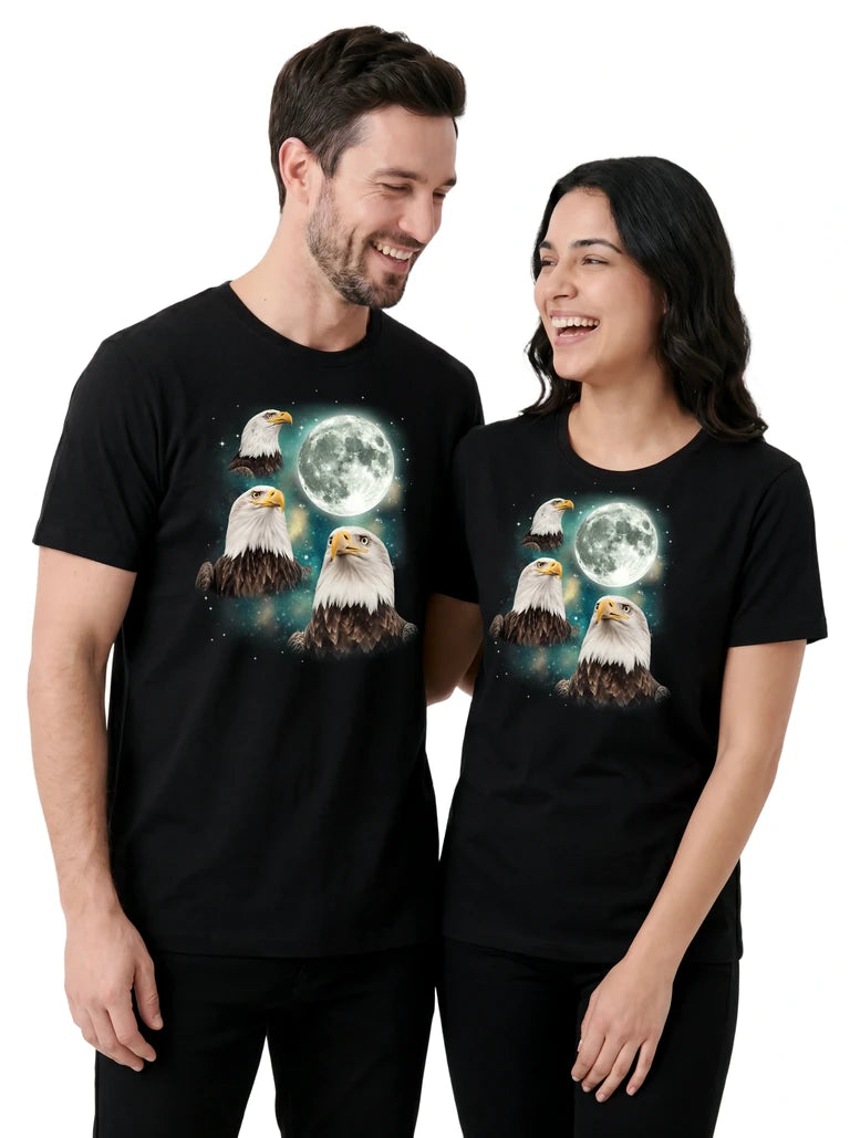MagicMoon Three Bald Eagle Moon on couple wearing matching Funny Animal Shirt