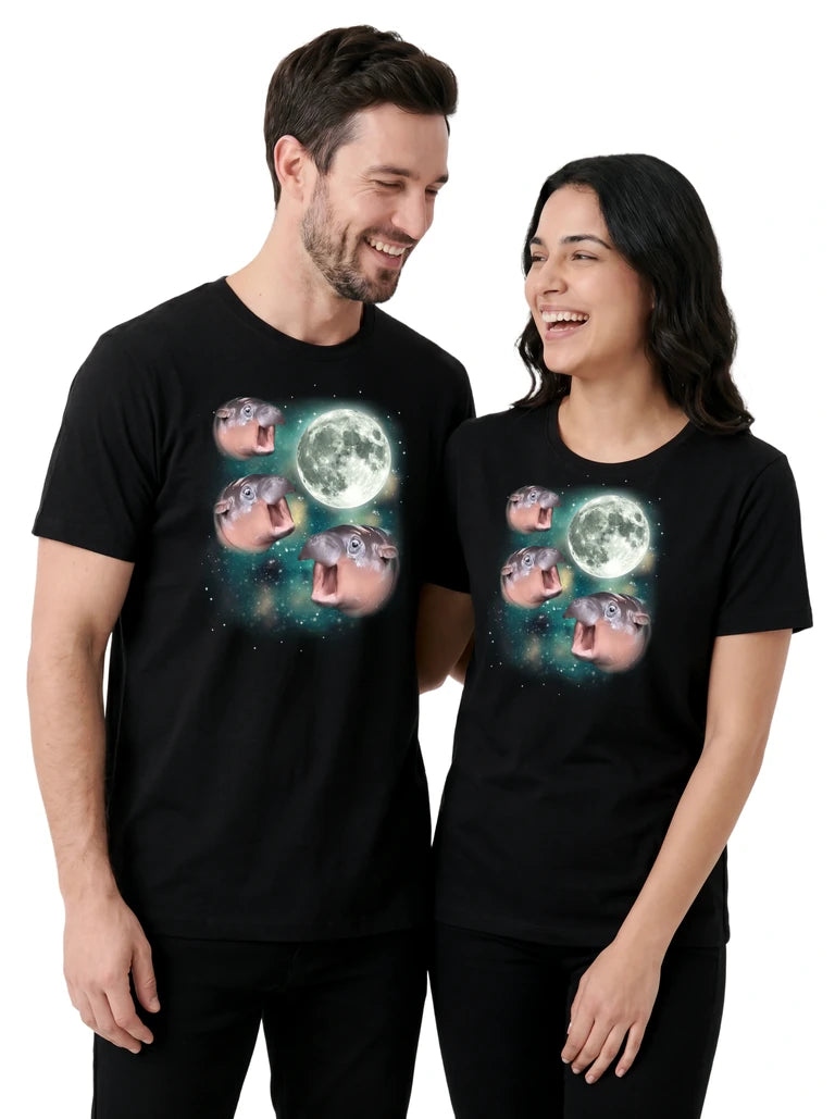 MagicMoon Three Moo Deng Moon on couple wearing matching Funny Animal Shirt