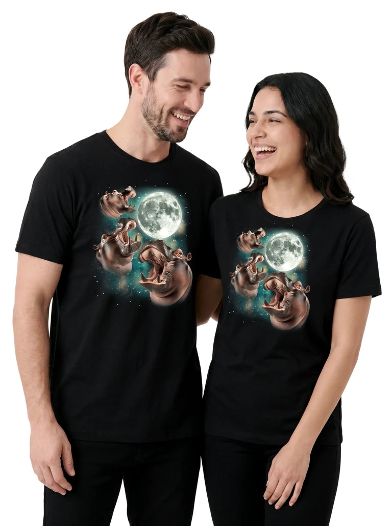 MagicMoon Three Hippopotamus Moon on couple wearing matching Funny Animal Shirt
