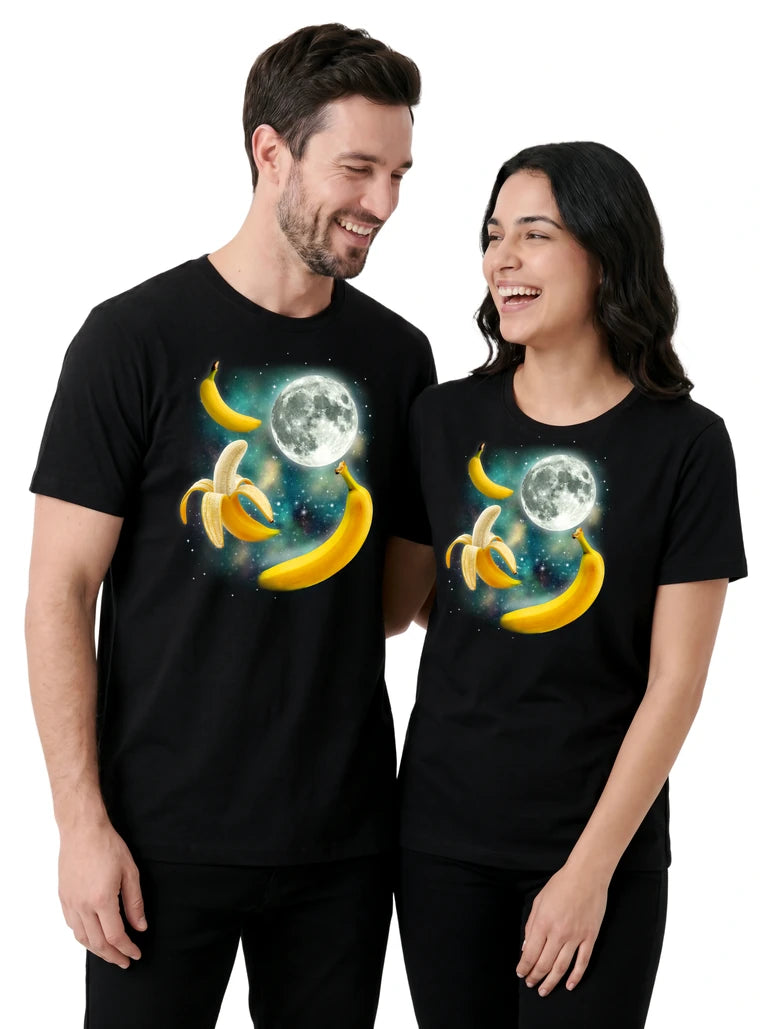 MagicMoon Three Banana Moon on couple wearing matching Funny Food Shirt