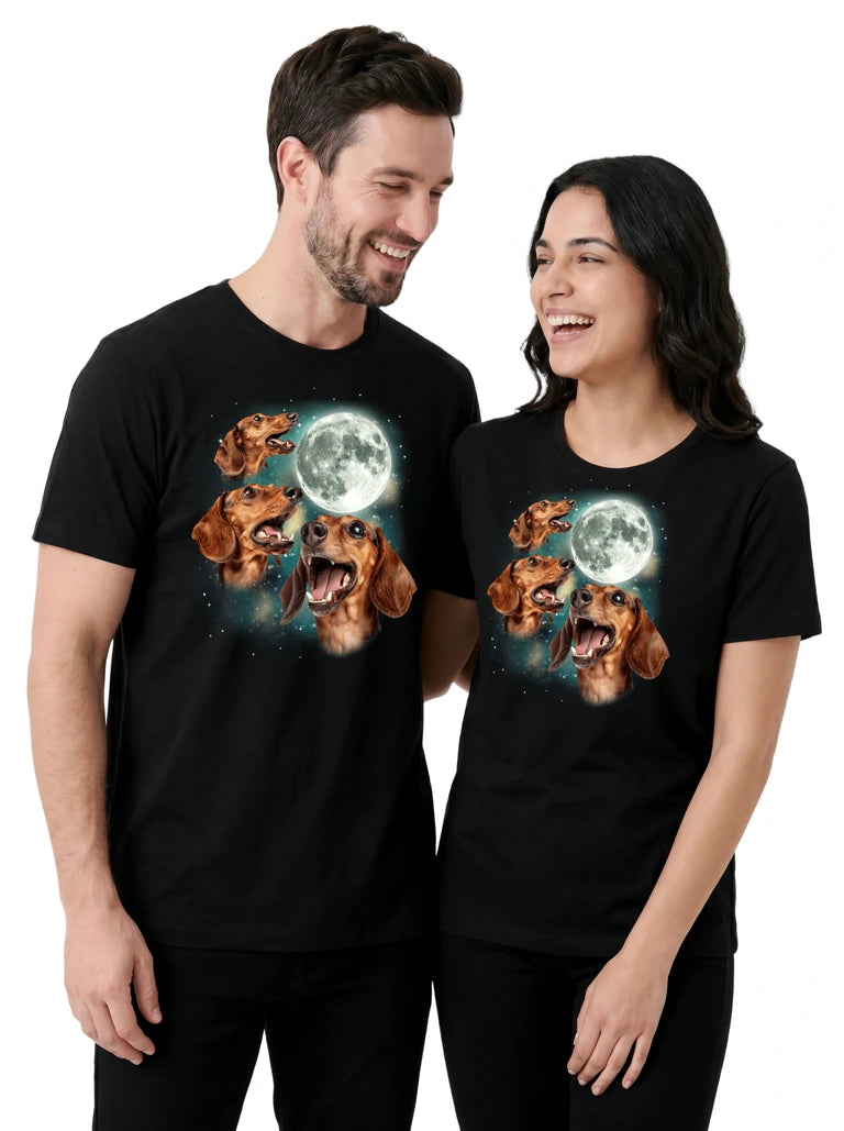 MagicMoon Three Dachshund Moon on couple wearing matching Funny Animal Shirt
