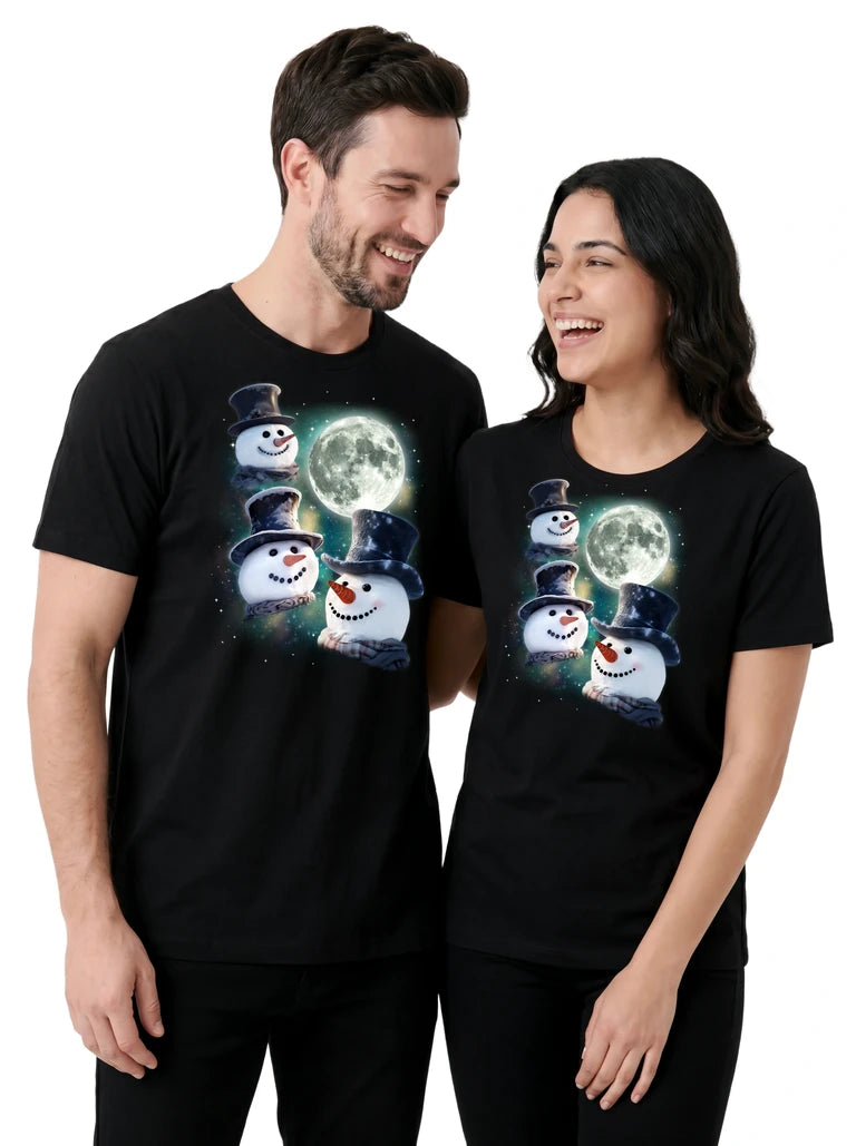 MagicMoon Three Snowman Moon on couple wearing matching Christmas Gift Shirt