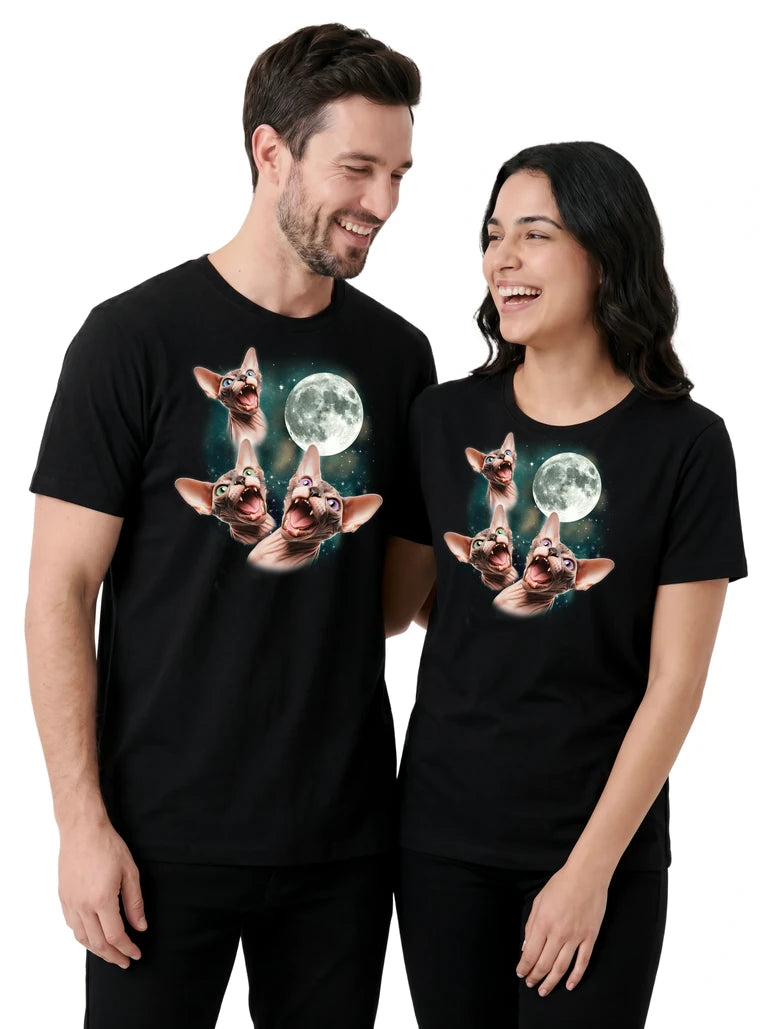 MagicMoon Three Sphynx Cat 2 Moon on couple wearing matching Funny Novelty Shirt