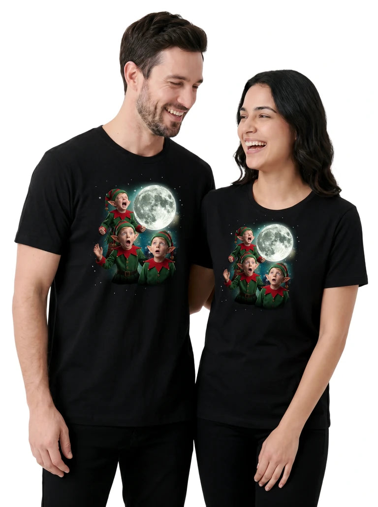 MagicMoon Three Christmas Elf Moon on couple wearing matching Christmas Gift Shirt